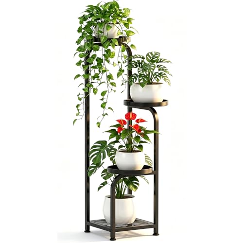 TOSKING 33.4" Tall 4-Tier Square Plant Stand, Anti-Tip Design with Bottom Grid for Heavy Pots, Child & Pet Friendly, Heavy Duty Corner Shelf for Indoor/Outdoor Use, Space Saving Metal Flower Pot Stand for Balcony Garden Living Room Patio, Black - color: B