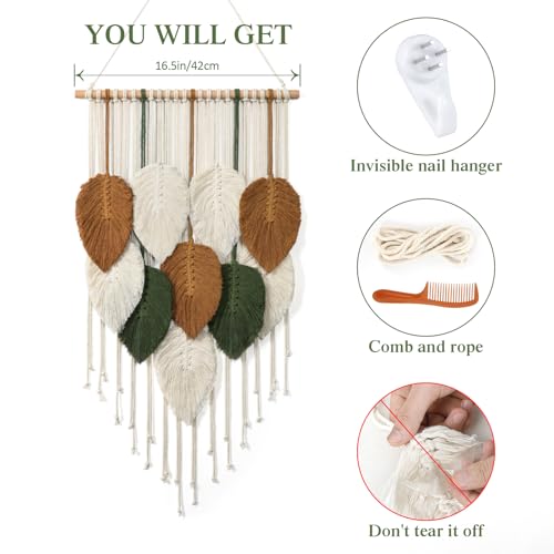 KHOYIME Macrame Wall Hanging Leaves Woven Tapestry, Boho Chic Home Decor Modern Bohemian Handmade Leaf Feather Wall Art Decorations for Apartment Dorm Living Room Bedroom Nursery Backdrop 16.5"x29.5" - color: 16.5"W x 29.5"L