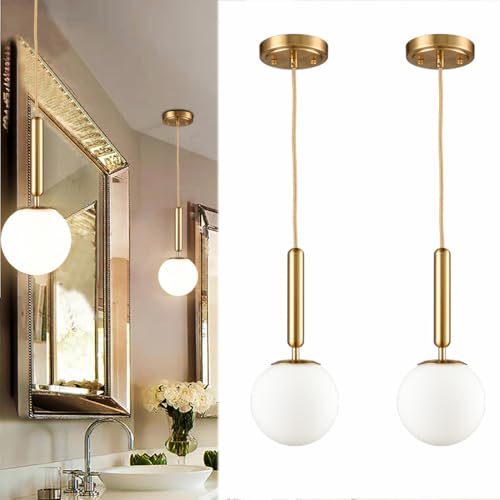 DIRYZON Brass Pendant Lights Kitchen Island Set of 2,Modern Hanging Light Fixture Globe Pendant Lighting with Milk Glass,Adjustable Height - color: Gold, size: 6 Inch-Hardwired-2 Pack