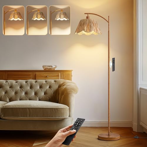 Oneach Boho Floor Lamp for Living Room with Remote & Dimmable Bulb, Farmhouse Floor Lamps with 3 Color Temperatures, Rattan Floor Lamp for Bedroom, Walnut - color: Light Walnut