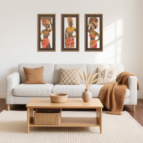 KAIRNE African American Wall Sign,Southwestern Orange Wooden Wall Art,Set of 3(8”X16”) Framed,Black Women Wood Bohemian Hanging Decor,Boho African Tribe Artwork for Living Room Bedroom Decor - color: African, size: 8"L x 16"W