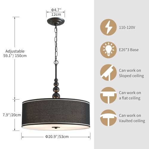 Shrine Lighting Drum Chandeliers, Farmhouse Style, Perfect Drum Pendant Light for Dining Room, D21'' x H8'', Adjustable Chains 59'', E26*3 Sockets, Black Linen Fabric Lampshade & Black Rod - color: Black D20''