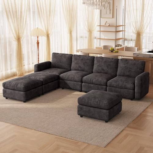 Guyii 116" 7 Seater Modular Sectional Sofa with Storage Ottomans, U Shaped 7 Pieces Sofa Couch with Thick Cushion Seats and Back,Fabric Upholstery Couch for Living Room Dark Gray Easy Assemble - color: Dark Gray, size: 7 seater(with 3 ottomans)