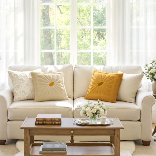 EMEMA Set of 2 Spring Summer Sunflower Floral Pillow Covers, Plush Faux Fur Decorative 18x18 Cushion Cases Adding a Soft, Bright Seasonal Accent to Sofa Couch Bed Modern Farmhouse Living Room, Beige - color: Beige, size: 18" x 18" (Pack of 2)