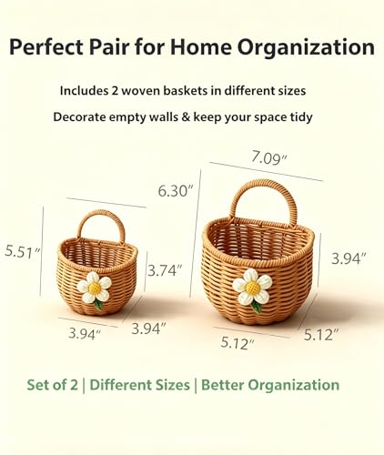 2 Pack Wall Hanging Rattan Baskets, Hand-Woven Storage Basket, Small Wall Hanging Baskets for Kitchen, Washable Decorative Basket, Potato Garlic Onion Storage Baskets, with Daisy Decor - style: With Daisy Décor