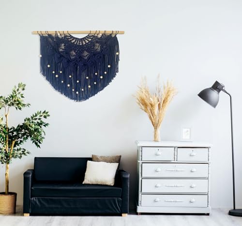 Youngeast Large Macrame Wall Hanging Boho Beaded Curtain for Window Macrame Bedroom Headboard Living Room Wall Art Tassel Tapestry Bohemian Woven Wall Decor 31" W X 25" H (Navy) - color: Navy