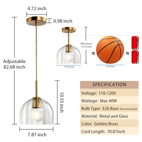 Modern Pendant Light Kitchen Island, Nordic Boho Dome Chandelier, 7.86" Bell Lamp Shape Hanging Ceiling Lighting Fixture with Clear Striped Glass Lampshade Dining Room - color: Clear, size: 20CM
