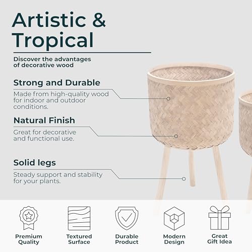 Set of 3 Decorative Planter Pots with Wooden Legs – Bamboo & Pine – Indoor & Outdoor Modern Plant Pot – Decorative Pots for Plants & Home Decor Planters – 22", 26", 30", White - color: Woven White, size: 26" H