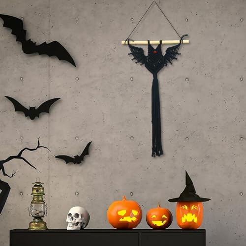 HVEST Gothic Halloween Bat Macrame Wall Hanging Boho Decor Horror Black Bat, Handmade Woven Tapestry for Bedroom Spooky Halloween Macrame Wall Decor for Living Room Decorations, 22.6L X 15.6W - color: Dark