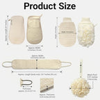 3 Pack Exfoliating Body Scrubber Set – Shower Gloves, Natural Back Scrubber Strap & Bath Pouf Sponge – Jute Cotton Blend Wash Mitt for Full Body Shower Routine & Daily Skin Care