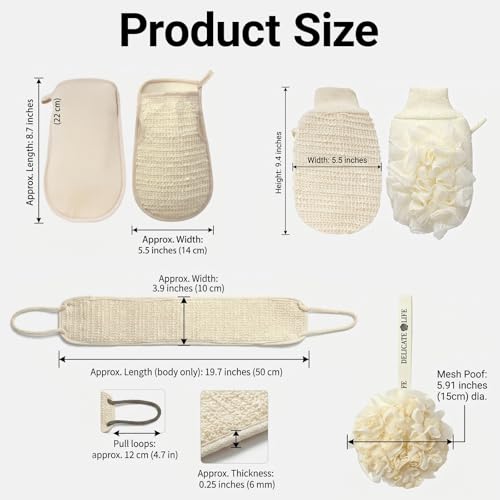 3 Pack Exfoliating Body Scrubber Set – Shower Gloves, Natural Back Scrubber Strap & Bath Pouf Sponge – Jute Cotton Blend Wash Mitt for Full Body Shower Routine & Daily Skin Care