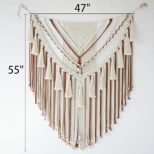 Jakalin Large Macrame Wall Hanging Macrame Wall Decor Boho Panels Handmade Yarn Wall Art Living Room Bedroom Home Decor 47" Wx 55" L - color: Brown