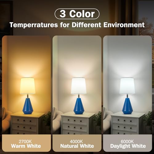 Small Bedside Table Lamp for Bedroom - Reading Desk Lamp with 3 Color Temperatures，15.5" Nightstand Ceramic Lamp with Fabric Shade for Kids Room,Living Room,Dorm,Home Office (Blue+White) - color: Blue+White, size: 15.5"
