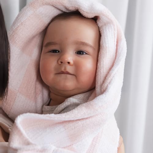 Living Textiles Pink Check Chenille Knitted Soft Baby Blanket - Reversible Premium Cozy Fabric for Best Comfort - for Infant,Toddler,Newborn,Nursery,Girl,Throw,Crib,Stroller - color: Pink Check