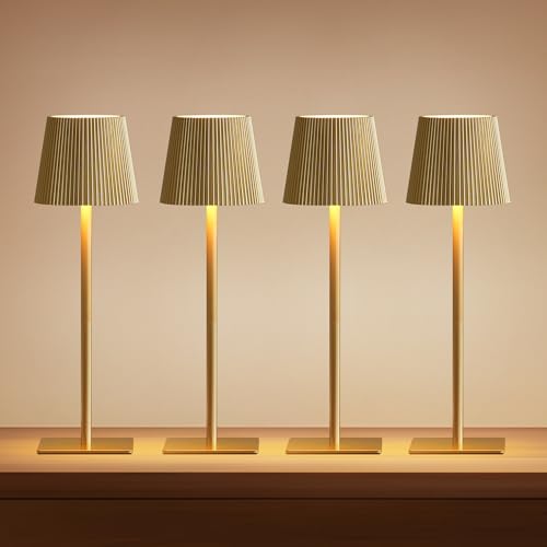 LUTEC 4 Pack Cordless Table Lamp,6000mAh Rechargeable Battery Operated Desk Lamp,Two Adjustable Heights,Waterproof, Touch Control & 3 Color Stepless Dimming for Restaurant/Bedroom/Bars/Outdoor (Gold) - color: Gold