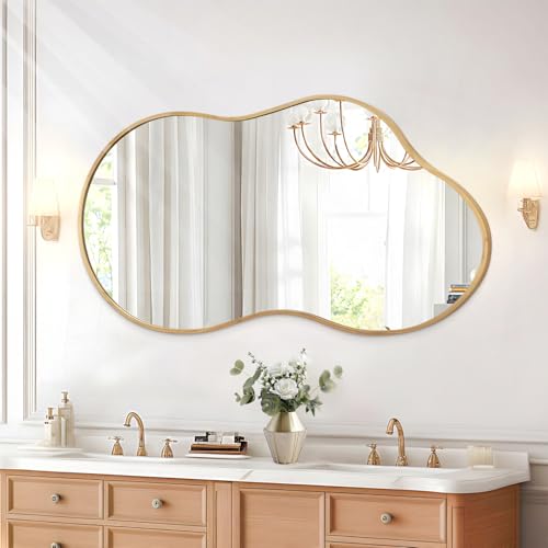 JJUUYOU Asymmetrical Mirror with Metal Frame Irregular Bathroom Mirror Decorative Wall Mirror Large 20"x36" Vintage Mirrors for Living Room Bathroom Bedroom Entryway Wall Decor - color: Wood, size: 36"L x 20"W