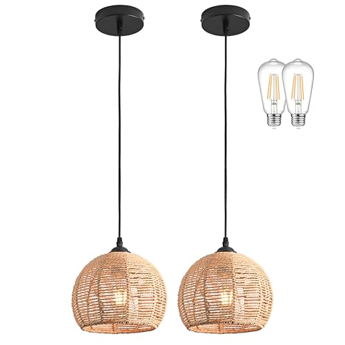 2 Pack Wicker Pendant Light Natural Woven Pendant Light Boho Chandelier Light Fixture Dome Rustic Farmhouse Pendant Lights Rattan Light Fixture for Kitchen Island Dining Room (Bulb Incl.) - color: 8.7" Natural 2-Pack