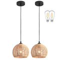 2 Pack Wicker Pendant Light Natural Woven Pendant Light Boho Chandelier Light Fixture Dome Rustic Farmhouse Pendant Lights Rattan Light Fixture for Kitchen Island Dining Room (Bulb Incl.) - color: 8.7" Natural 2-Pack