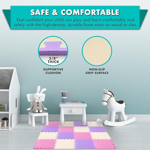 ProSource Baby Play Mat, Soft Foam Floor Tiles for Kids, Interlocking EVA Panels for Playpen Use, Crawling Development Surface, Safe Non-Toxic Toddler Flooring, 16 Tiles, Pink/Purple/Beige - color: Pink/Purple/Beige, size: 16 Tiles