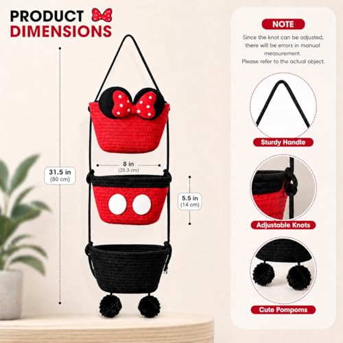 3 Tier Hanging Basket Organizer, Over the Door Woven Storage Baskets with Hooks, Cute Bow Wall Hanging Basket for Nursery Organization, Playroom Storage, Bathroom and Bedroom, Red Black