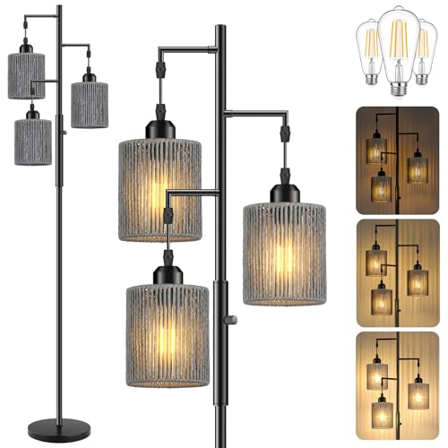 Hotsonic 72" Tall Boho Rattan Style Floor Lamp with Hand-Woven Paper Cord Shade, Dimmable Industrial Tree Standing Lamp for Living Room, Bedroom, Study Room, Office (3 x 800LM Bulbs Included) - Black - color: Black+Gray