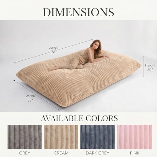 3 in 1 Bean Bag Chair with Memory Foam Filler, Beanbag Chairs for Adult with Washable Cover, Fluffy Oversize Bean Bag Chair Reading Lounger for Bedroom & Living Room (Light Brown) - color: Cream