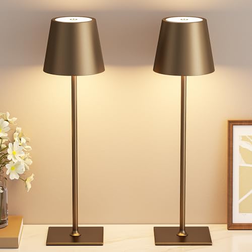 Kakanuo Brown Cordless Rechargeable Table Lamp 5000mAh Battery Operated Lamps, 3 Colors Stepless Dimming Touch Lamp for Living Room, Kitchen Counter, Dining, Outdoor Patio, 2 Pack - color: Brown 1, size: 2 Pack 14in - Up and Down Light