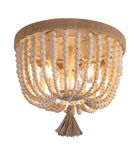 AMZASA Boho Flush Mount Ceiling Light Wooden Beaded Hepm Rope Oak Withe Farmhouse Beaded Chandelier Light Fixture 3 Lights for Nursery Bedroom Hallway Entryway - color: Hemp Rope