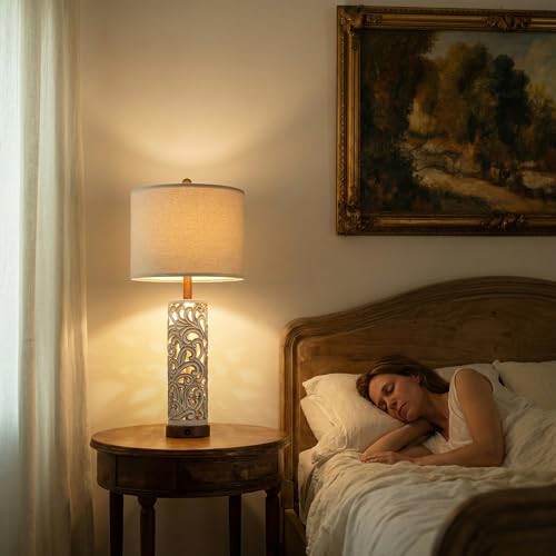 OYEARS 2-in-1 Light Table Lamp Set of 2 for Living Room, 28.5" Farmhouse Bedside Lamps with USB Charging Port, Main&Night Light & Dual Switches, Nightstand Lamp for Bedroom Home Office(Bulb Included) - color: Washed White and Brown