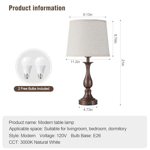 Bedside Table Lamp Touch Control Bedroom Lamps with USB A + C Charging Port 3 Way Dimmable Touch Lamps for Nightstand Living Room Bedroom Dorm Home Office Reading, Set of 2 (Beige Shade & Brown Base) - color: Beige Shade & Brown Base