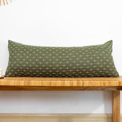 JoraLion Decorative 14x36 Lumbar Pillow Cover, Olive Green Cross Pattern Woven Textured Cushion Case Polyester Cozy Modern Farmhouse Vintage Pillowcase for Couch Sofa Bed Living Room, ONLY 1 Cover - color: Olive Green