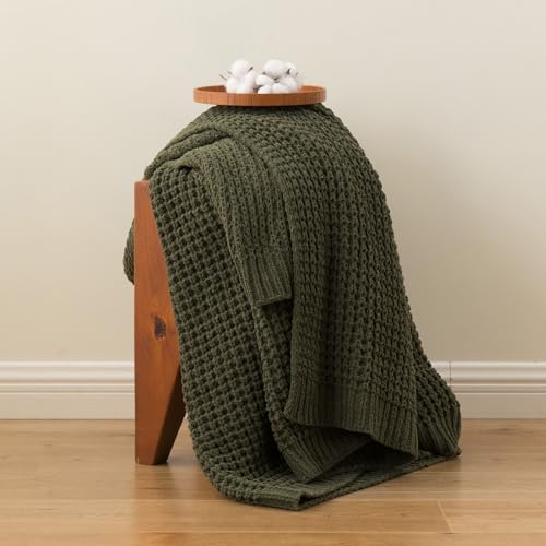 Bunnikins & Clover Olive Green Throw Blanket for Couch, Waffle Knit Blanket Throw, Super Soft Warm Dark Green Throw Blanket for Home Decor,Sofa and Living Room, 60"x80" - color: Olive Green, size: 60"x80"
