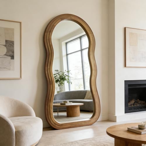 Wavy Full Length Mirror, 71"x33.5" Oversized Organic Floor Mirrors with Triple-Layer Solid Wood Frame, Large Irregular Full Body Mirror for Living Room Entryway Cloakroom, Leaning/Hanging - color: Natural Wavy Frame, size: 71"L x 33.5"W