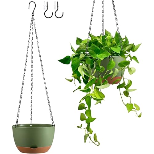 Set of 2 Hanging Planters for Indoor Outdoor Plants, 8 Inch Self-Watering Hanging Flower Pots with Drainage Hole & Removable Water-Storage Tray (Hooks) - color: Green, size: 8 Inch (S)