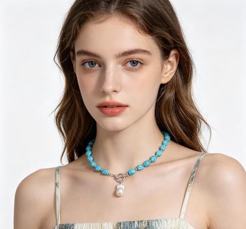 Beaded Necklaces for Women with Baroque Pearl, Turquoise Amethyst Lapis lazuli Tiger Eye Handmade Boho Bead Choker Necklace, Natural Stone Summer Jewelry Birthday Mother Gift for Women - color: Turquoise