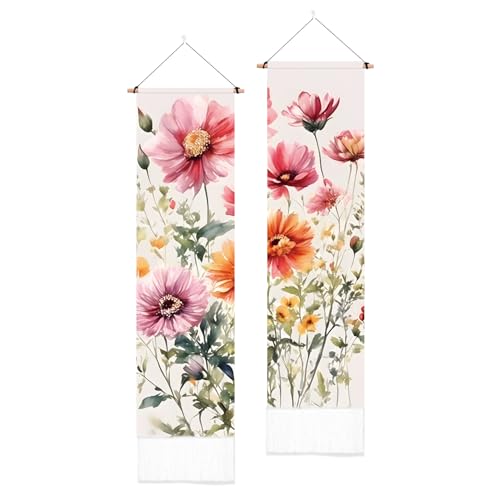 PLIGREAT 2 Pack Colorful Watercolor Flowers Tapestry Vertical Wall Hanging with Tassels Vintage Wildflower Aesthetic Wall Tapestry for Bedroom Living Room Dormitory Backdrop Home Art Decor - color: pink,orange