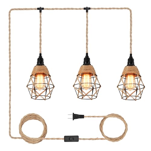3 Light Hemp Rope Plug in Pendant Light Rattan Hanging Lights with Plug in Cord with Woven Lamp Shade, Hanging Lights with Plug in Cord Hemp Rope Hanging Lamp - color: 3 Light Pendant Lights