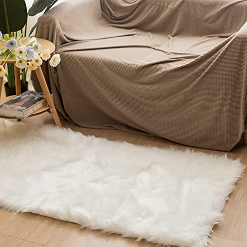Latepis White Sheepskin Rug 2x3 Faux Fur Sheepskin Rug for Living Room Fluffy Washable Rugs for Bedroom Luxury Room Decor Furry Rugs Rectangle - color: White, size: 2' x 3' (Rectangular)