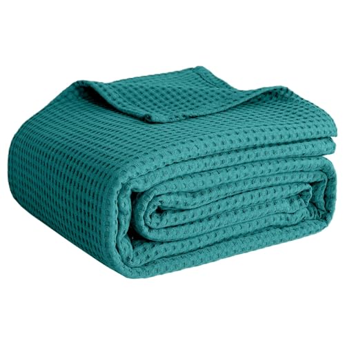 100% Cotton Blankets for Bed - Waffle Weave Blankets for Summer, Lightweight and Breathable Soft Woven Blanket for Spring (Teal, Twin (60" x 90")) - color: Teal, size: Twin (60" x 90")