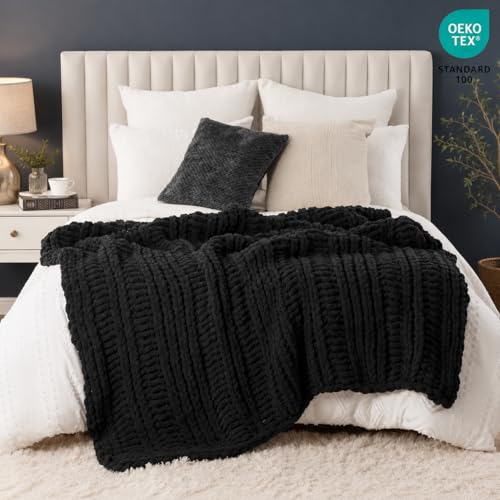 Battilo Chunky Knit Throw Blanket for Couch, Hand Made Chenille Throw Blanket, Super Soft Warm Cozy Charcoal Blanket for Bed, Sofa, Living Room, 50"x60" - color: Charcoal