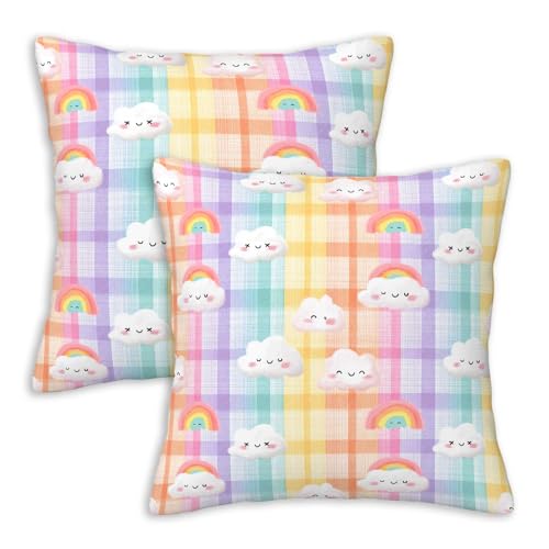 Rainbow Cloud Throw Pillow Covers 18x18 Set of 2 | Cute Pastel Cushion Cases for Couch Sofa Bed | Kawaii Decorative Pillowcases for Girls Nursery Room Decor - color: Rainbow Cloud
