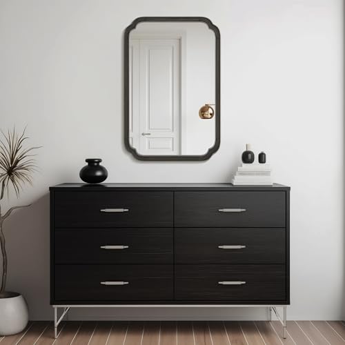 WallBeyond 24" x 36" Rounded Corner Arch Wall Mirror with Wood Frame for Entryway, Living Room or Bedroom Home Decor - Light Woodgrain [24" x 36" Black] - color: Black a, size: 36"L x 24"W