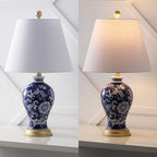 JONATHAN Y 24" Navy/White French Country Ceramic Floral Urn Table Lamp, White Linen Shade, Chinoiserie Ginger Jar Bedside Lamp for Living Room Bedroom, LED Bulb (JYL3009E) - color: Navy/White