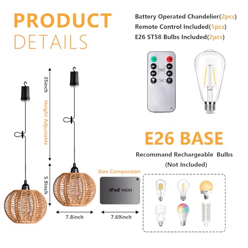 TWINKVILLA Battery Operated Chandelier, 2Pack Hanging Gazebo Lights, Cactus Shape Boho Rattan Pendant Lights Outdoor Waterproof for Patio Tree Pergola Porch and Indoor Decor