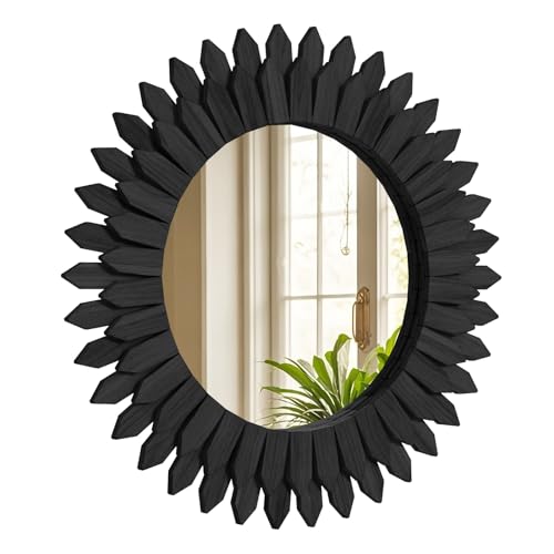 Boho Wood Sunburst Round Wall Mirror, 24 Inch Rustic Circle Wooden Frame Decorative Mirror for Farmhouse Coastal Home, Home Wall Decor for Living Room Entryway Bedroom, Light Wood - color: Black, size: 24"L x 24"W