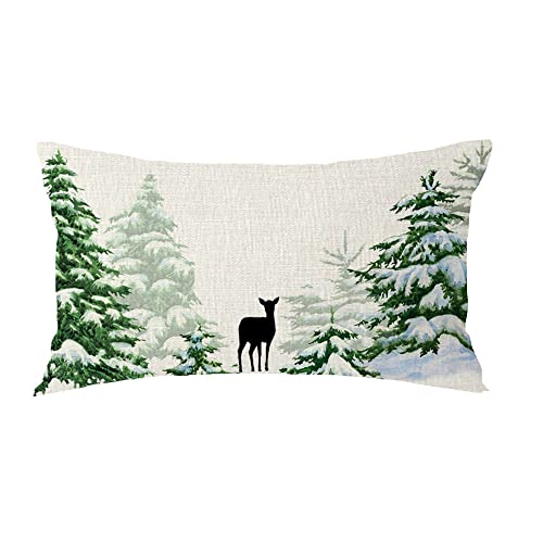 Merry Christmas Pine Cedar Trees Reindeer Snow for Holiday Lumbar Decorative Throw Pillow Cover Cushion Case Cotton Linen for Bed Sofa Holiday Outdoor 12x20inches - color: Deer