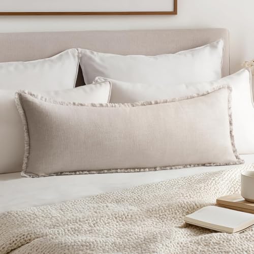 MIULEE Decorative Throw Pillow Covers Neutral Linen Fringe Throw Pillows Set of 1 Natural Beige Boho Farmhouse Cushion Covers for Couch Sofa Bed Living Room Spring Home Decor 14x36 Inch - color: Natural Beige