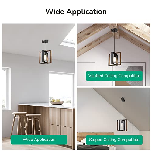 EDISHINE Farmhouse Pendant Light Fixture, Rustic Hanging Light Fixture with Wood Grain and Black Finish, Pendant Lighting for Kitchen Island, Dining Room, Hallway, Adjustable Cord