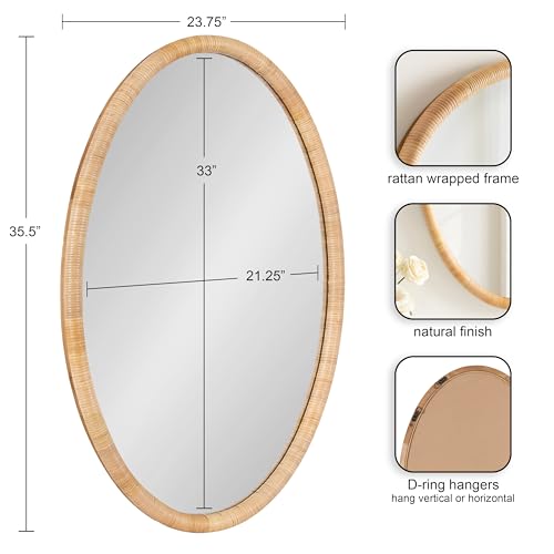 Kate and Laurel Rahfy Boho Oval Rattan Wall Mirror, 24 x 36, Natural Wood, Decorative Rounded Mirror with Authentic Rattan Frame for Use as Bathroom Vanity Mirror or Bohemian Bedroom Mirror