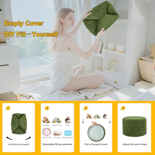 Poofieotto Unstuffed Ottoman Pouf Cover – Round Faux Fur Footstool Plush Floor Pouf (No Filler Included) Perfect for Living Room, Bedroom, or Office Lounge (Green, 26x26x18 in) - color: Green, size: 26"D x 26"W x 18"H